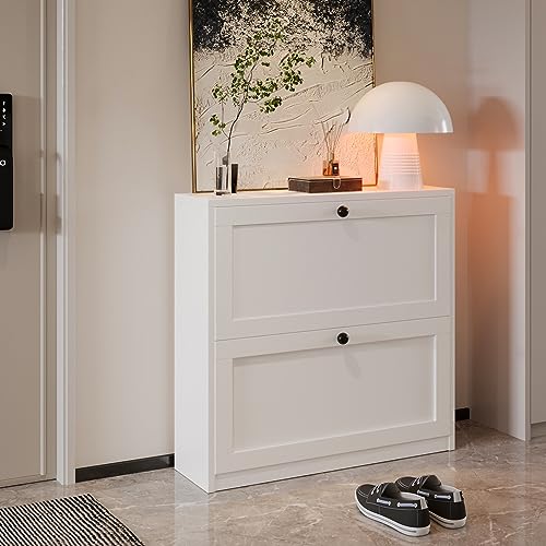 White Shoe Cabinet with 2 Flip Drawers and Adjustable Shelf B194