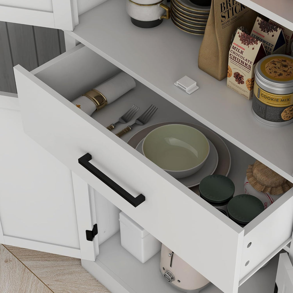 White 72" Tall Kitchen Pantry Storage Cabinet with 4 Barn Doors, Drawer, 5-Tier Shelf and Adjustable Shelves O87990