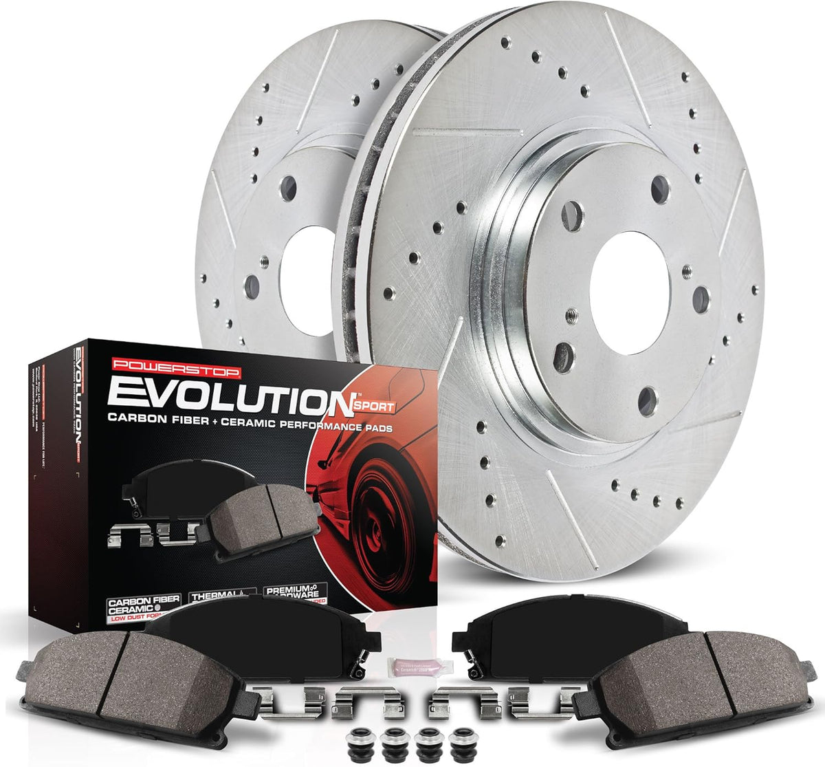 Front Z23 Carbon Fiber Brake Pads with Drilled & Slotted Brake Rotors Kit Q439