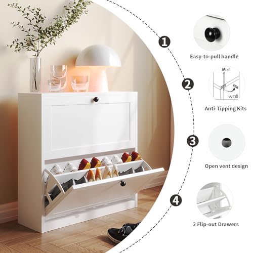White Shoe Cabinet with 2 Flip Drawers and Adjustable Shelf B194