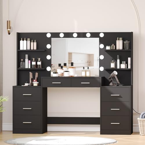 White Vanity Desk with Mirror & Lights, 8 Drawers H131