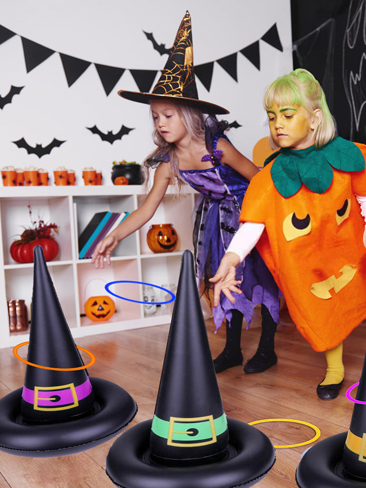 11 Pack Halloween Inflatable Witch Hat Ring Toss Game Set with Plastic Ring Toss and Inflatable Witch Hats D7241