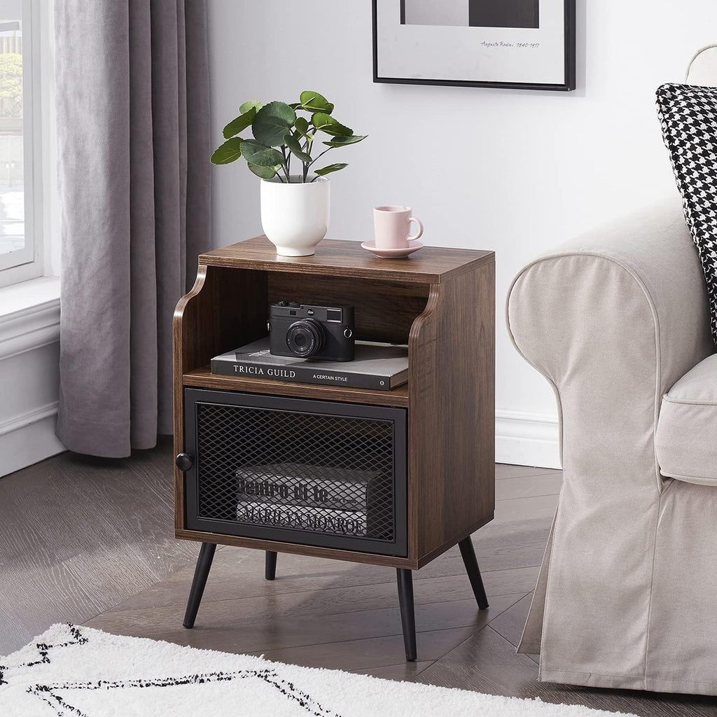 Brown Metal Nightstand with Storage Cabinet and Drawer Shelf P159