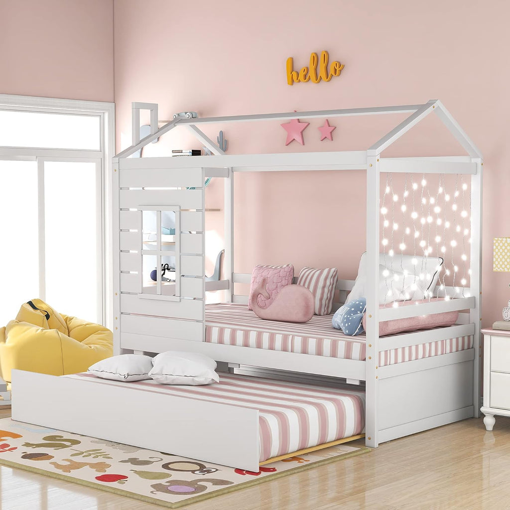 White Twin Wooden Bed Frame with Roof B2039