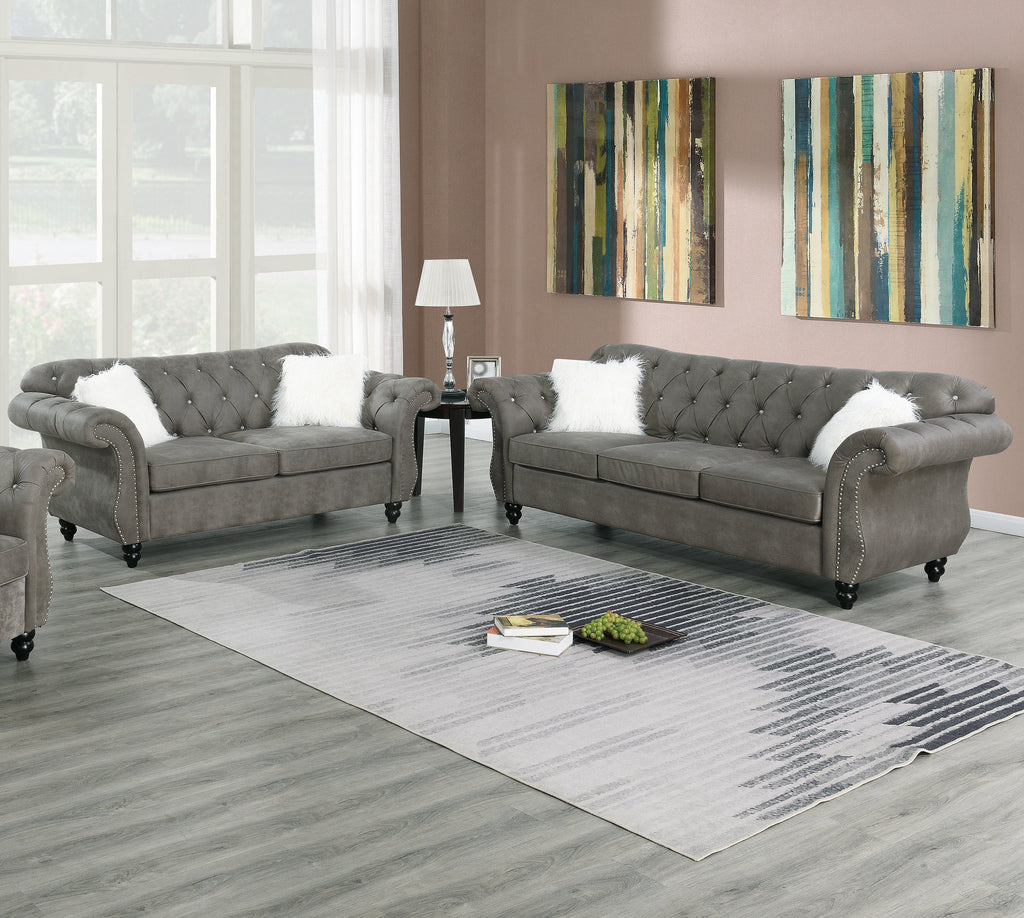 Slate Grey Leatherette Rolled Arms Sofa and Loveseat 2pcs Sofa Set N2482