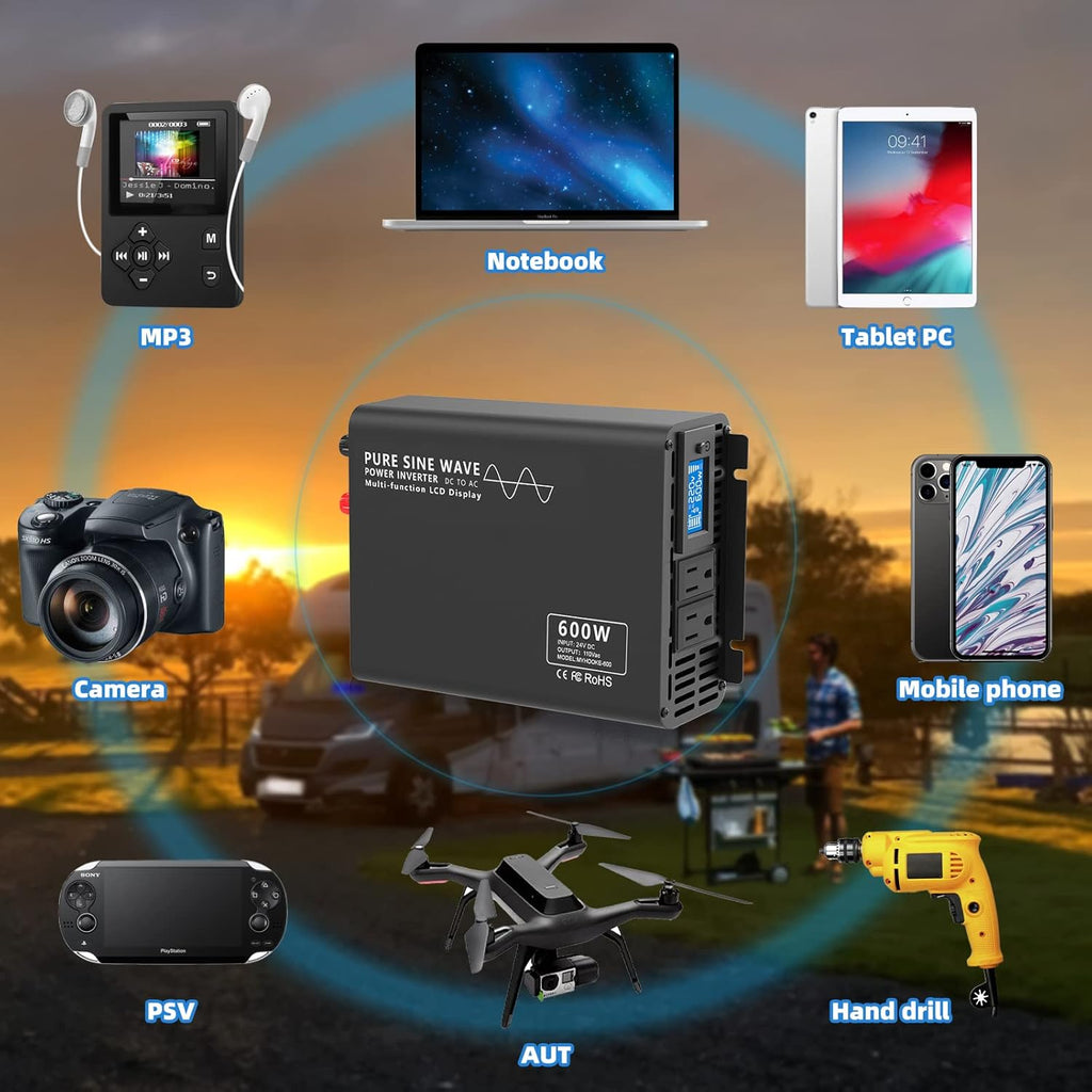 600W Pure Sine Wave Power Inverter DC 24V to AC 110V-130V with LCD Display and Wireless Remote Control D770