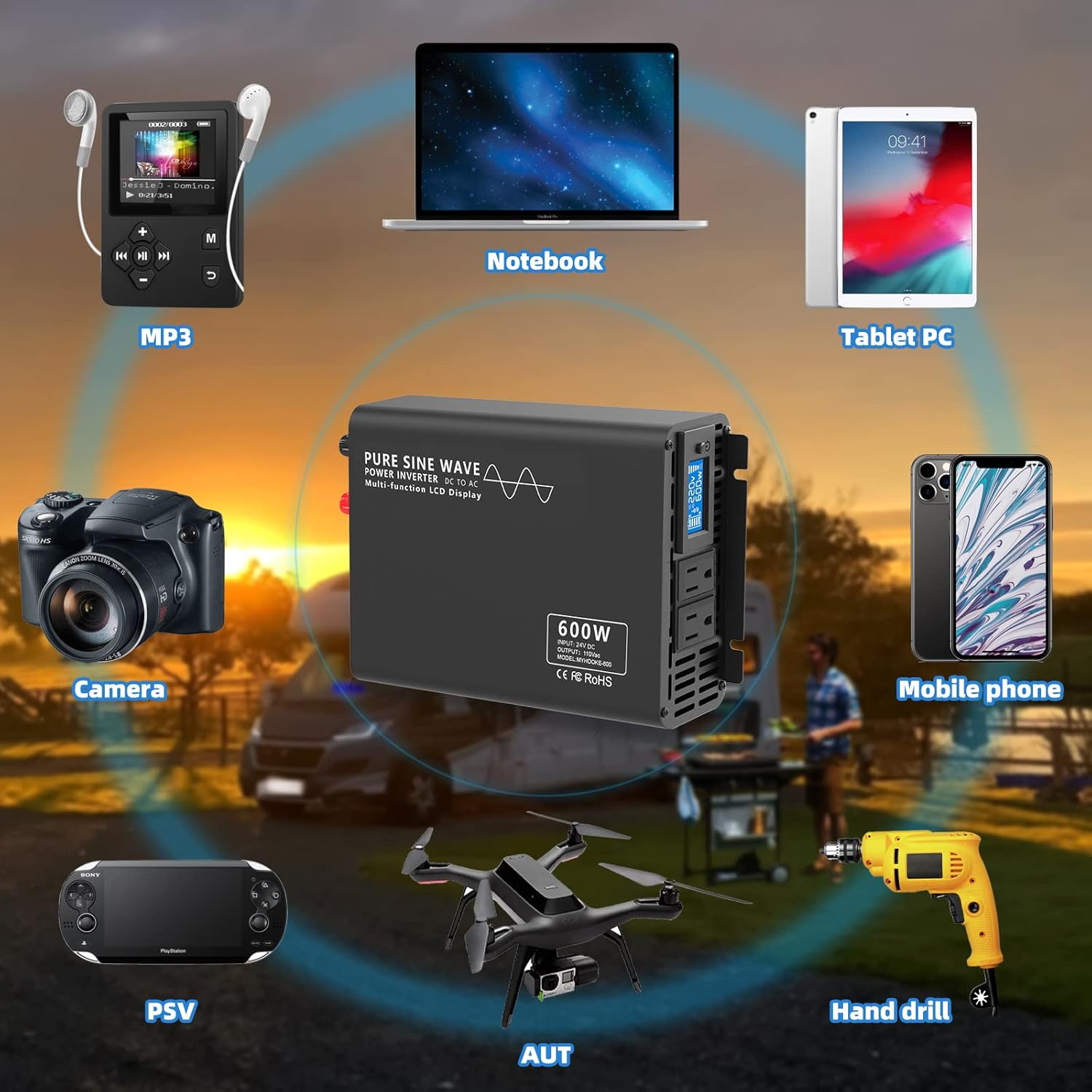 600W Pure Sine Wave Power Inverter DC 24V to AC 110V-130V with LCD Display and Wireless Remote Control D770