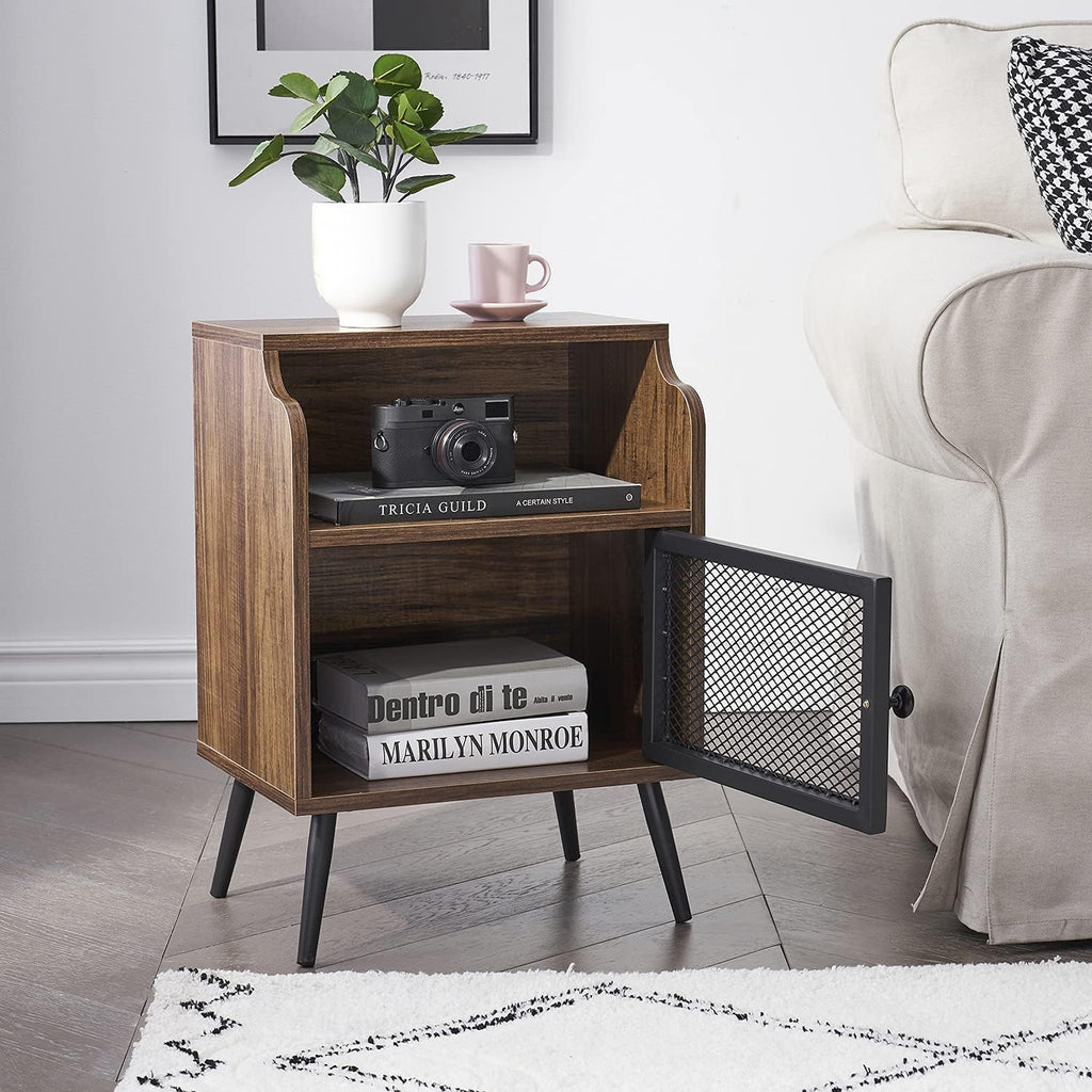 Brown Metal Nightstand with Storage Cabinet and Drawer Shelf P159