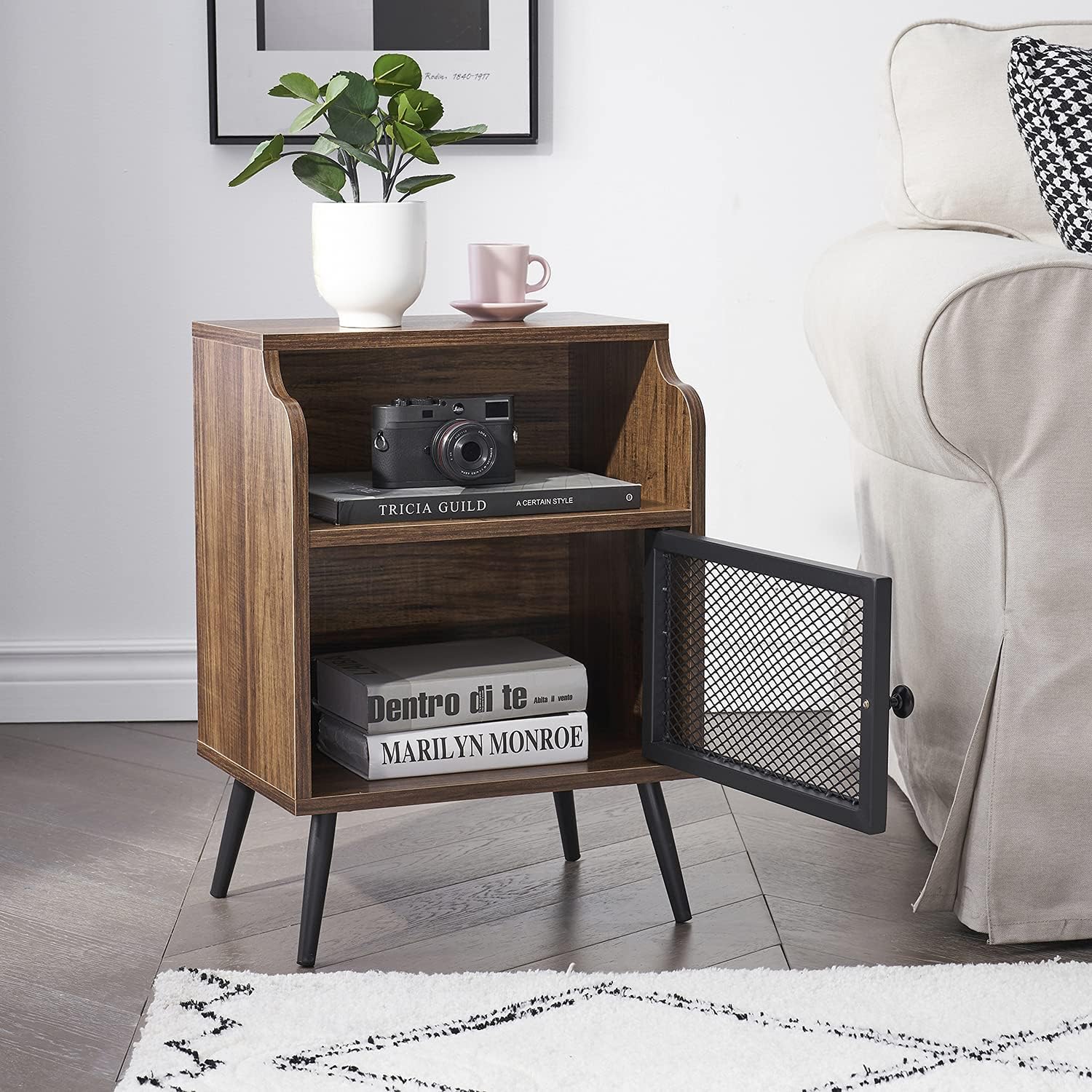 Brown Metal Nightstand with Storage Cabinet and Drawer Shelf P159