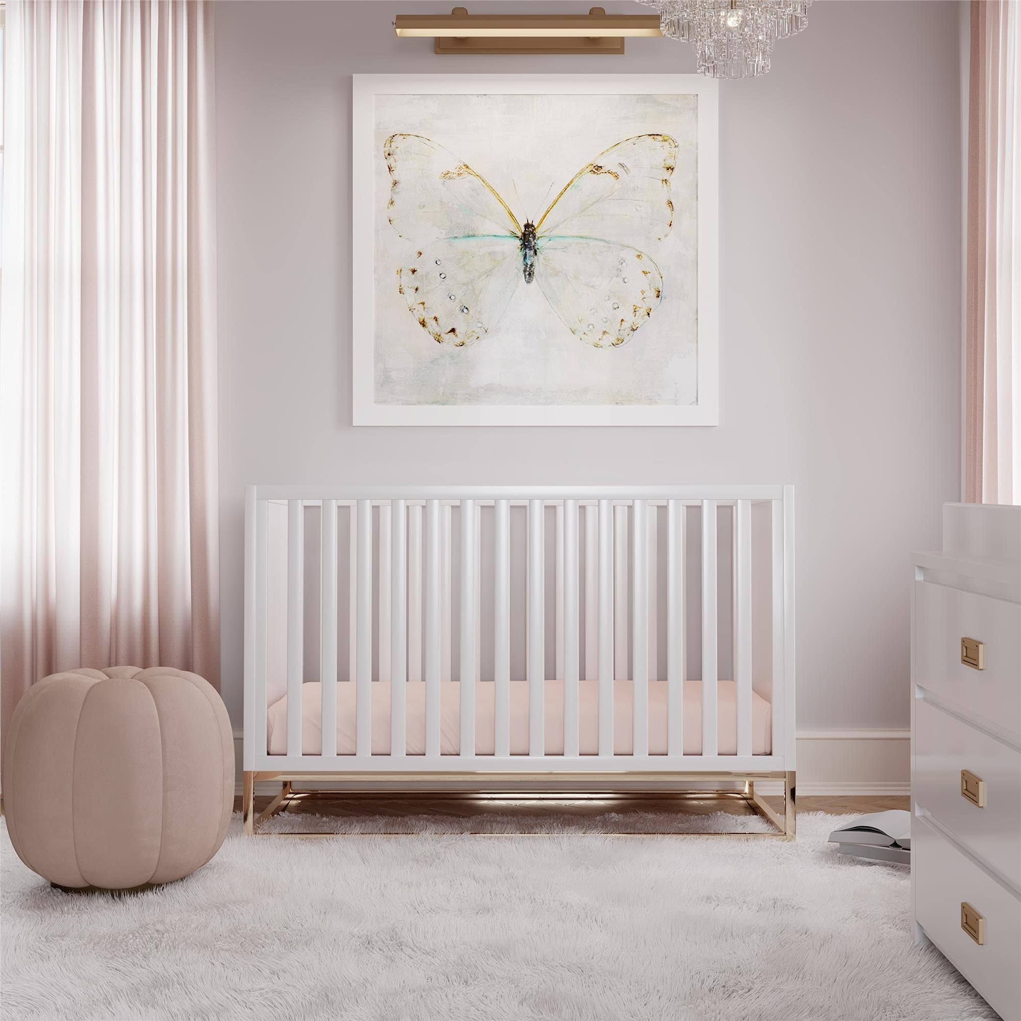3 in 1 Convertible Wood Crib in White and Gold D392158