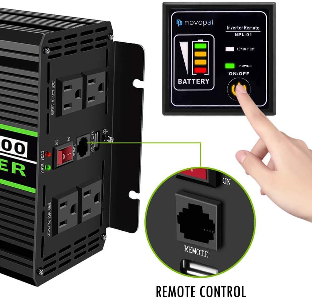 1500 Watt 12V DC to 110V AC Pure Sine Wave Power Inverter with 4 AC Outlets and Remote Control H7877