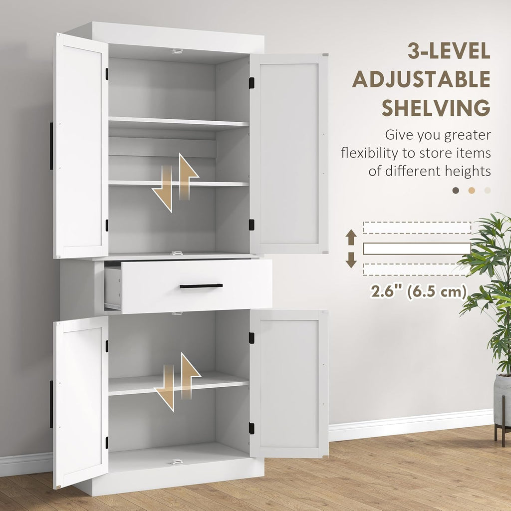 White 72" Tall Kitchen Pantry Storage Cabinet with 4 Barn Doors, Drawer, 5-Tier Shelf and Adjustable Shelves O87990