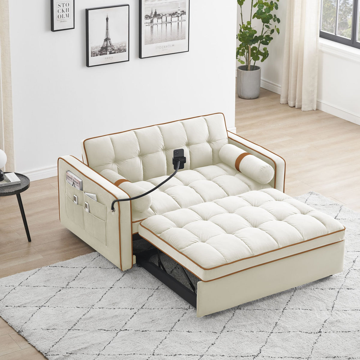 White 3 in 1 Sofa Bed Loveseat Sleeper with Two Pillows C91058