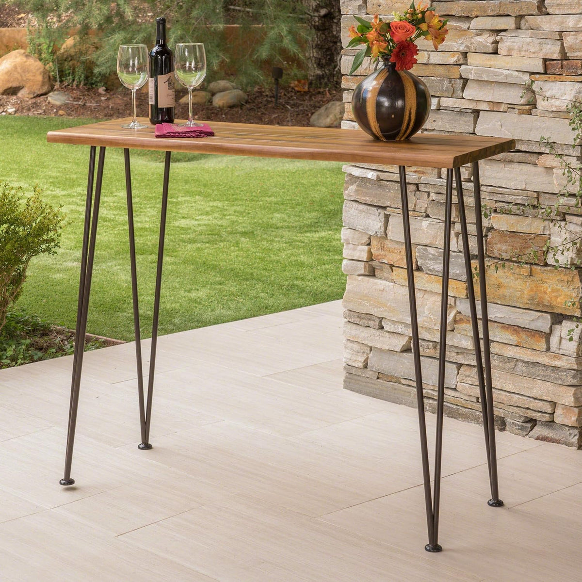 Teak Finish Acacia Wood Bar Table with Iron Frame S332484