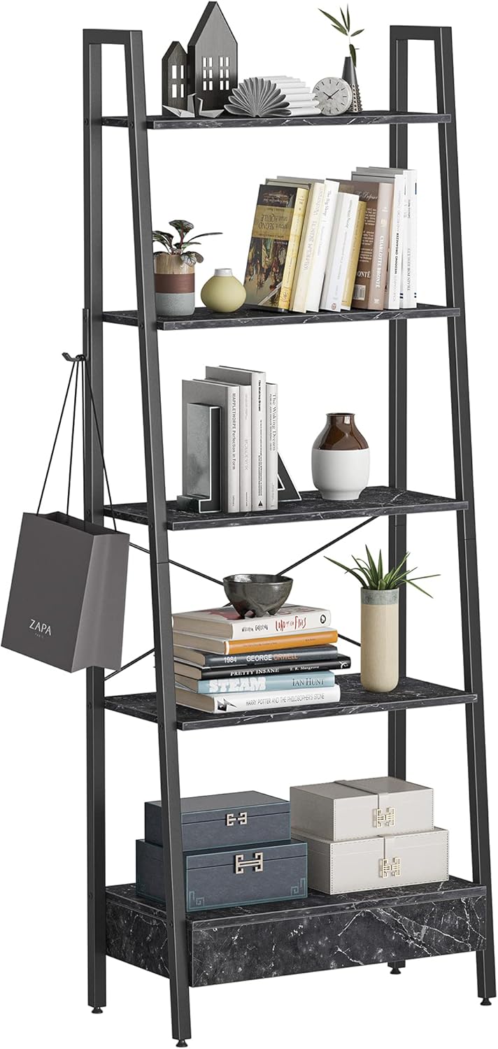 Black 5-Tier Ladder Shelf with Drawer X954