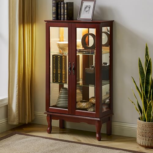 Walnut Wall Curio Cabinet with Tempered Glass Doors P409594