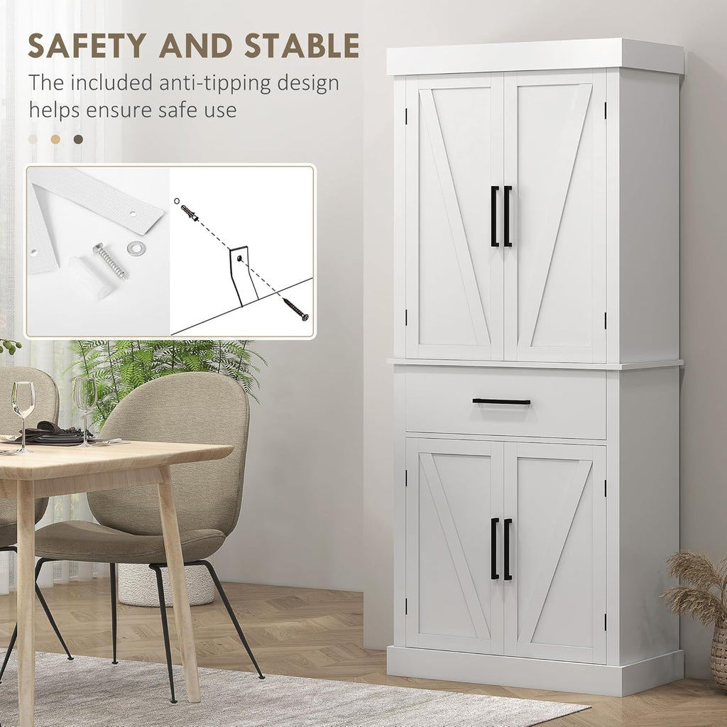 White 72" Tall Kitchen Pantry Storage Cabinet with 4 Barn Doors, Drawer, 5-Tier Shelf and Adjustable Shelves O87990