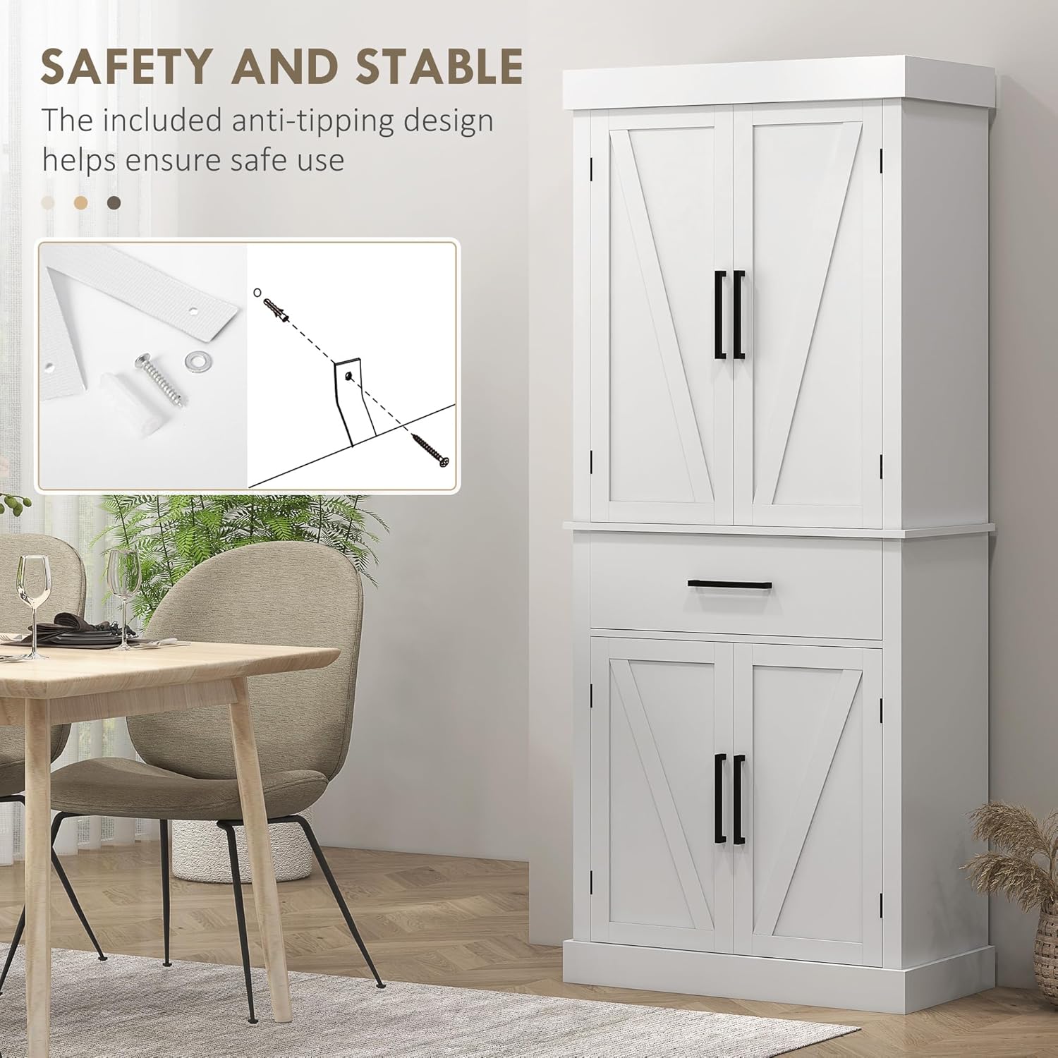 White 72" Tall Kitchen Pantry Storage Cabinet with 4 Barn Doors, Drawer, 5-Tier Shelf and Adjustable Shelves O87990