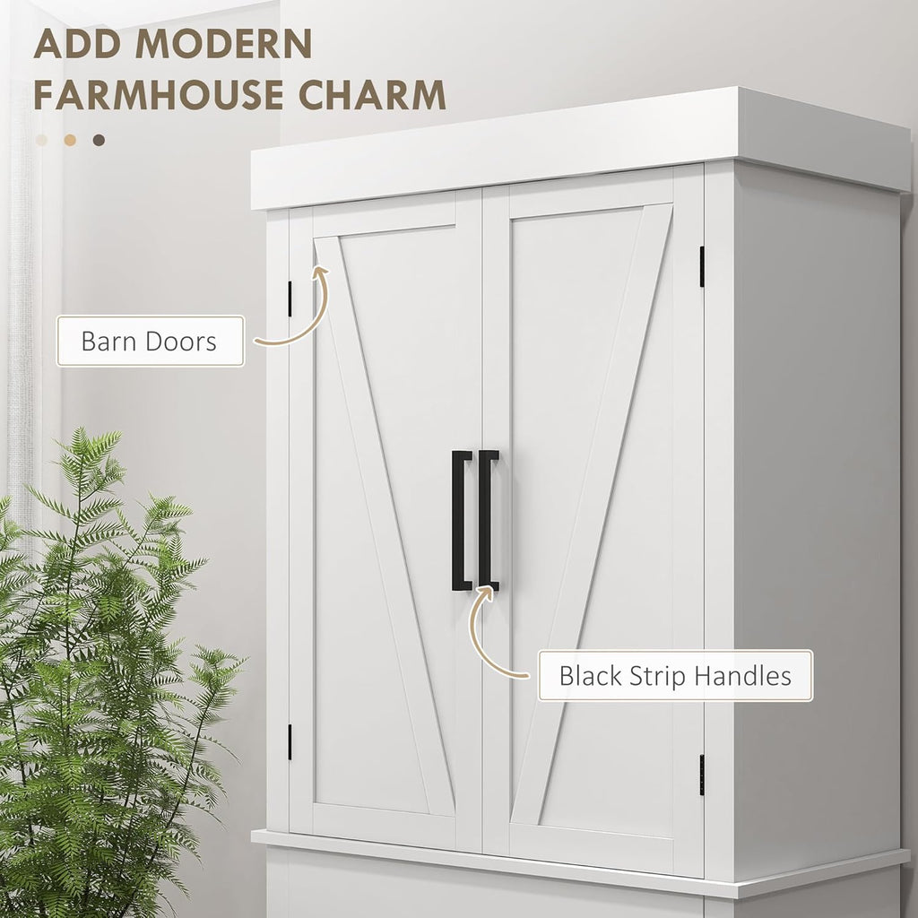 White 72" Tall Kitchen Pantry Storage Cabinet with 4 Barn Doors, Drawer, 5-Tier Shelf and Adjustable Shelves O87990