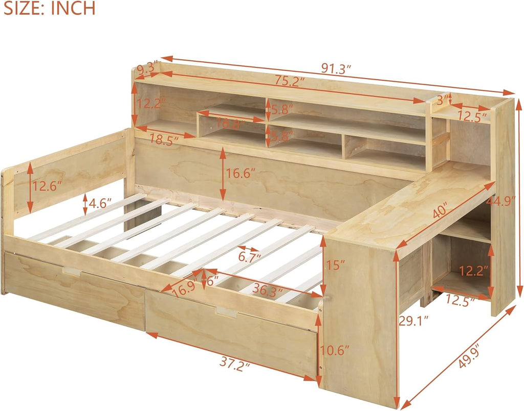 Twin Size Wooden Daybed with Storage Bookshelf, Study Desk and 2 Drawers P8481