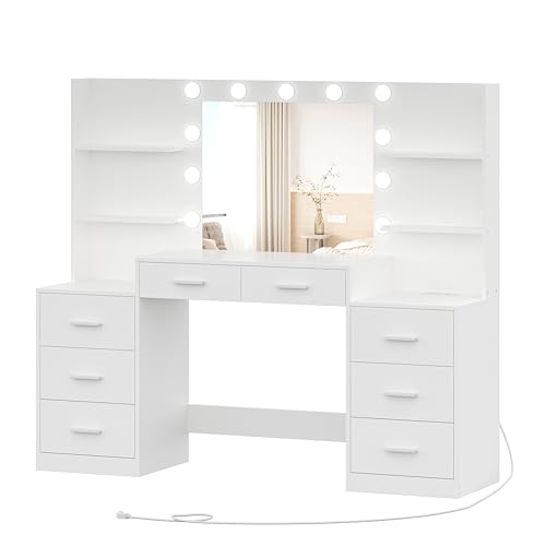 White Vanity Desk with Mirror & Lights, 8 Drawers H131