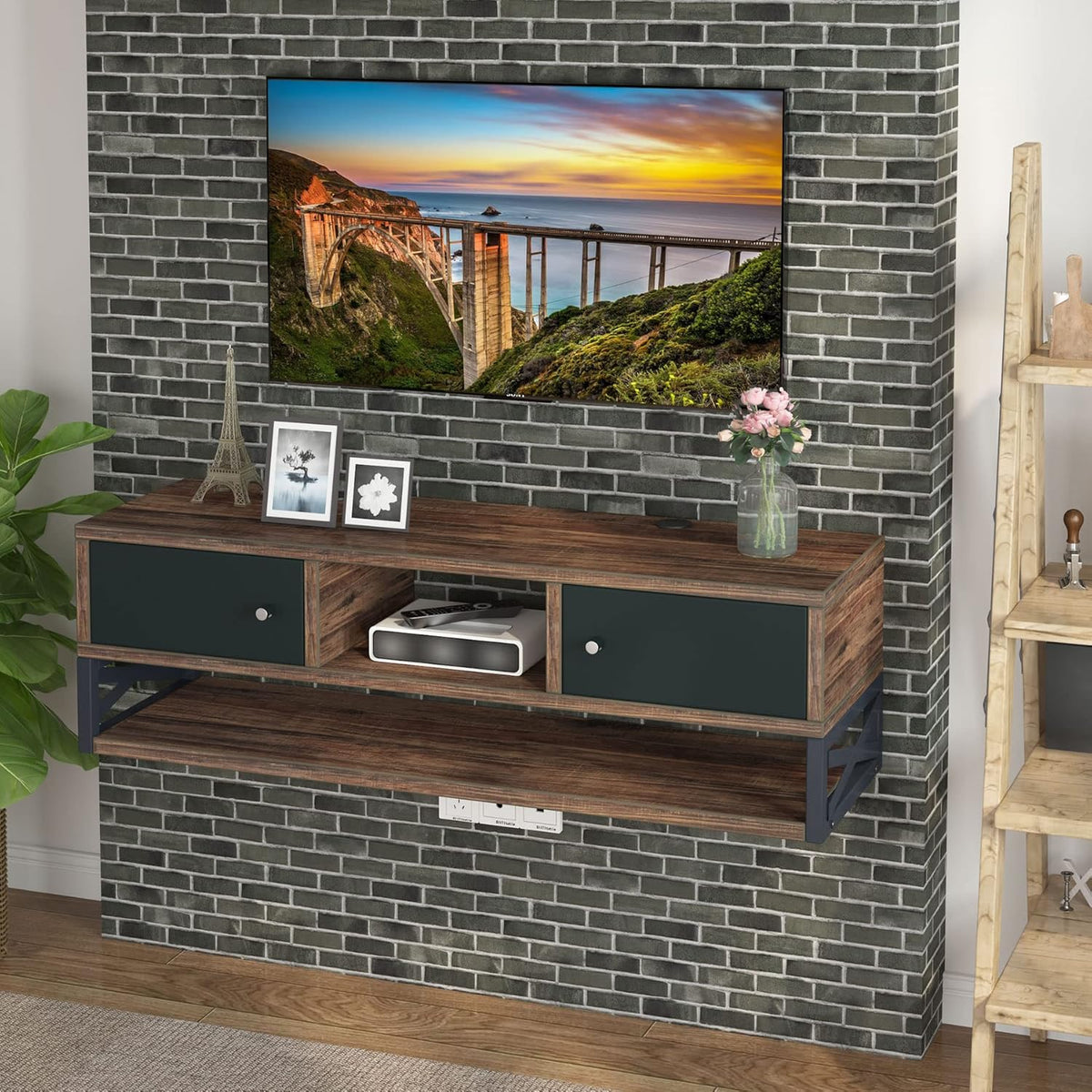 3-Tier Wall Mounted TV Stand with Magnetic Suction Doors C2909