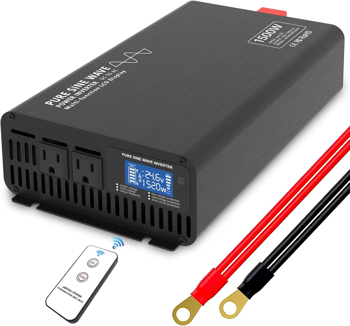 1000W Pure Sine Wave Power Inverter DC 24V to AC 110V-130V with LCD Display and Wireless Remote Control H5087