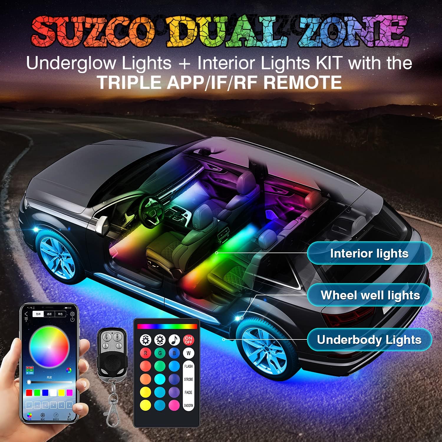 10-pods Trucks LED RGB Neon Underglow Rock Lights Kit with 4-Pcs Interior Light Kit Waterproof 12V S91047