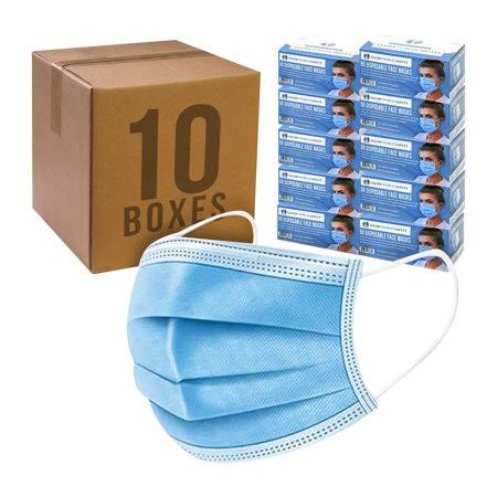 10 Boxes (500 Masks) 3 Layer Disposable Protective Face Masks with Nose Clip & Ear Loops T925913
