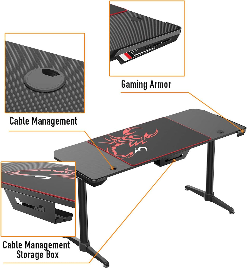 Black 60 inch Gaming Computer Desk with Carbon Fiber Surface R3719