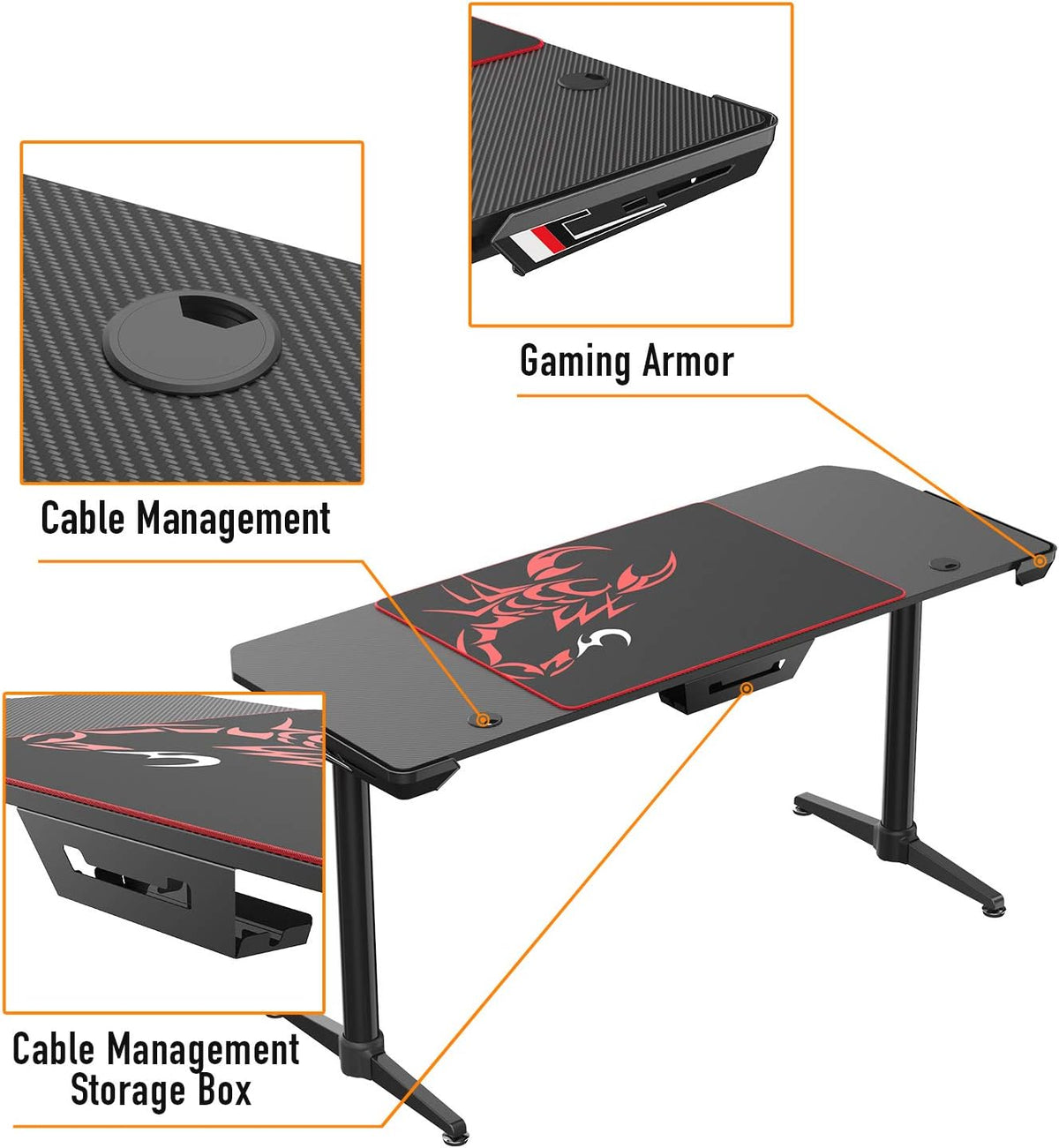 Black 60 inch Gaming Computer Desk with Carbon Fiber Surface R3719