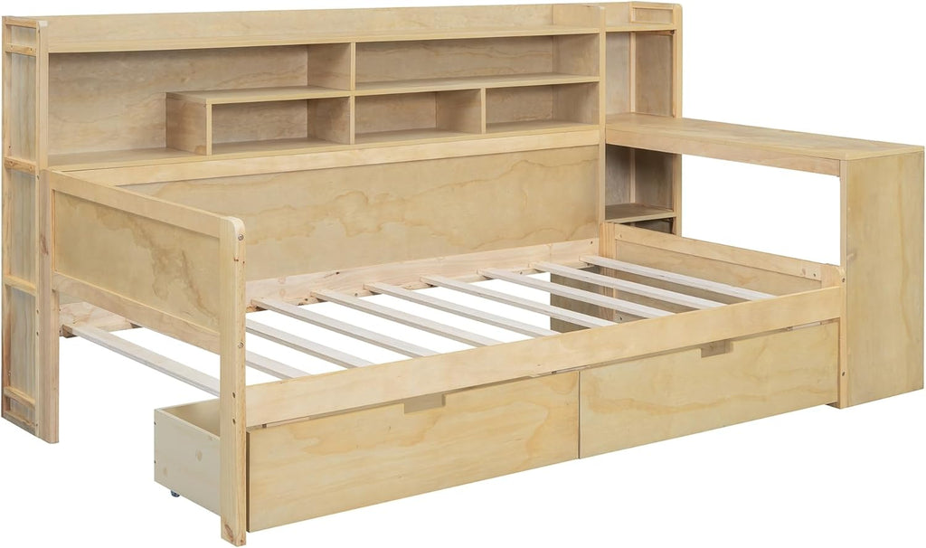 Twin Size Wooden Daybed with Storage Bookshelf, Study Desk and 2 Drawers P8481