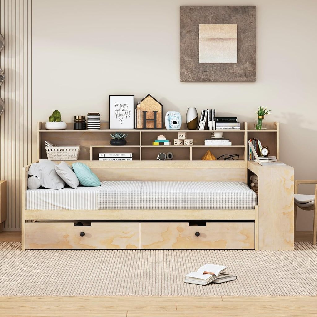 Twin Size Wooden Daybed with Storage Bookshelf, Study Desk and 2 Drawers P8481