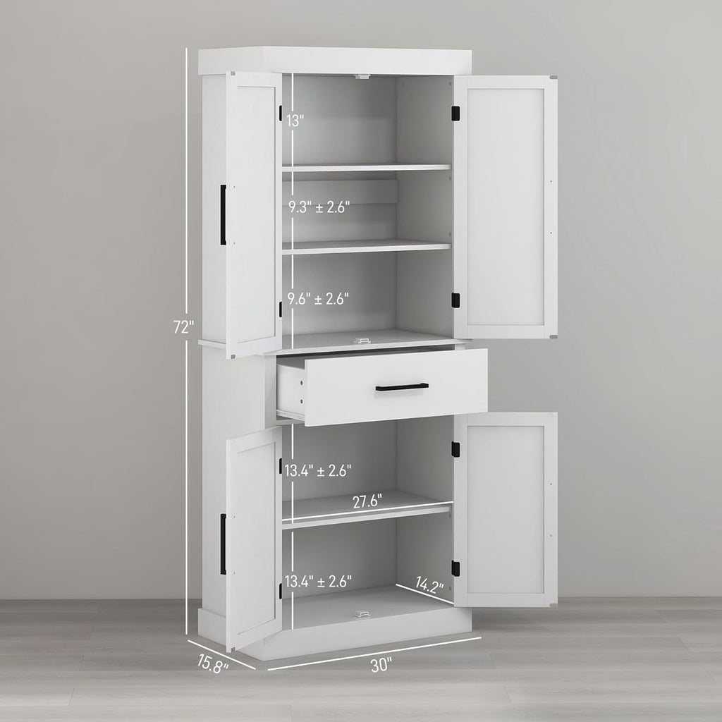 White 72" Tall Kitchen Pantry Storage Cabinet with 4 Barn Doors, Drawer, 5-Tier Shelf and Adjustable Shelves O87990