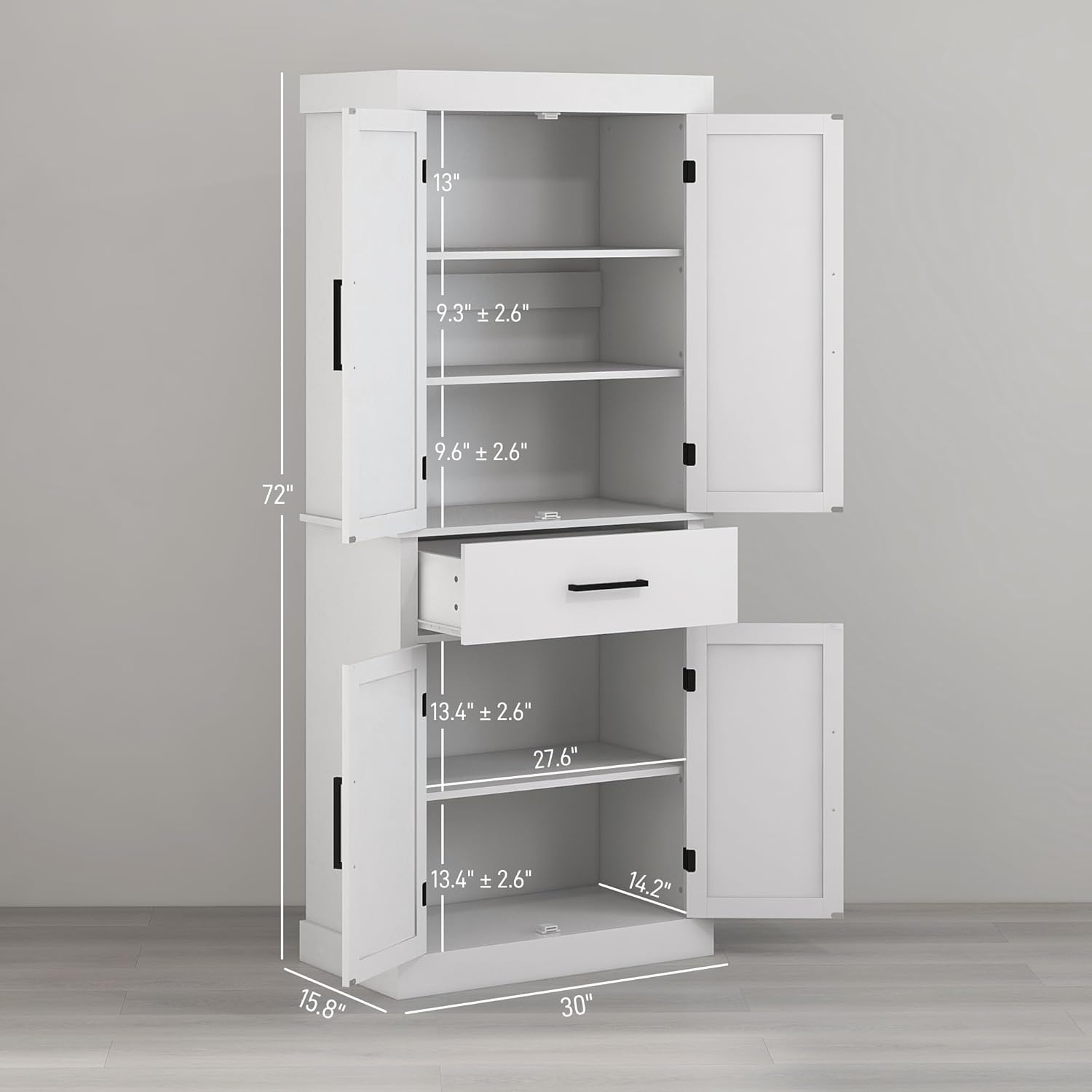 White 72" Tall Kitchen Pantry Storage Cabinet with 4 Barn Doors, Drawer, 5-Tier Shelf and Adjustable Shelves O87990