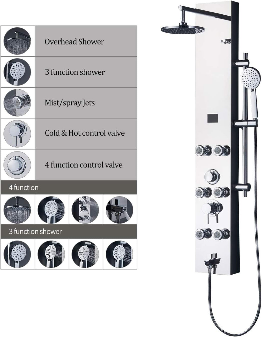 #304 Stainless Steel Shower Panel with LED Temperature Display and 6 Nozzles Q368
