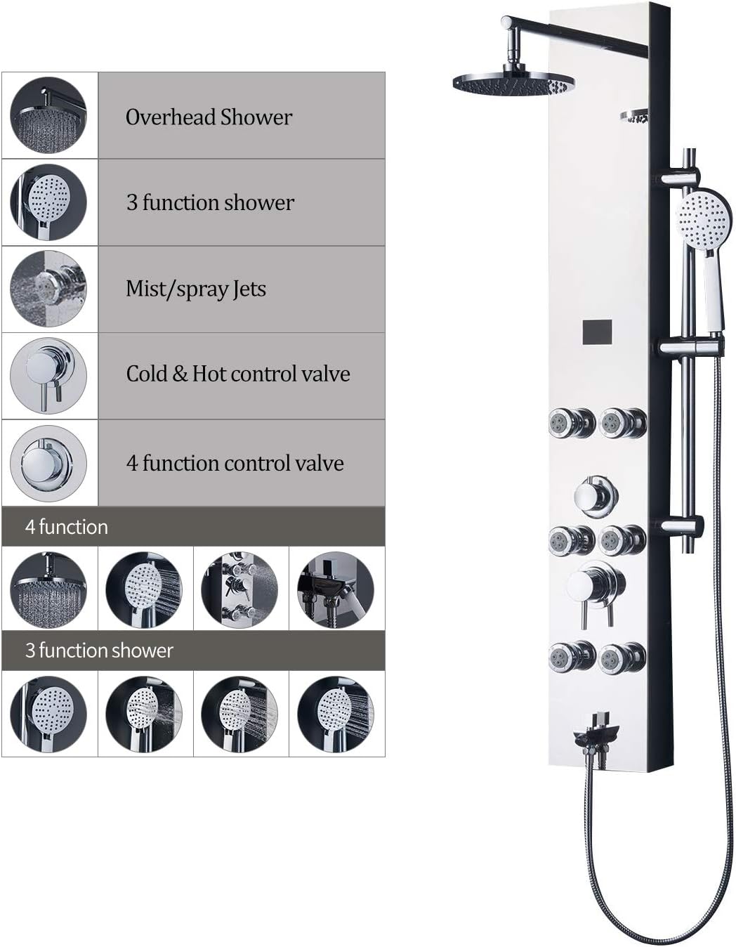 #304 Stainless Steel Shower Panel with LED Temperature Display and 6 Nozzles Q368