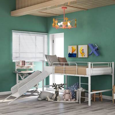 White Metal Twin Loft Bed with Slide B112