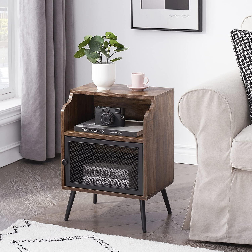 Brown Metal Nightstand with Storage Cabinet and Drawer Shelf P159