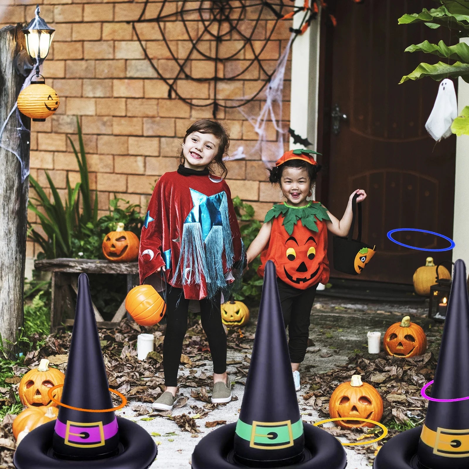 11 Pack Halloween Inflatable Witch Hat Ring Toss Game Set with Plastic Ring Toss and Inflatable Witch Hats D7241
