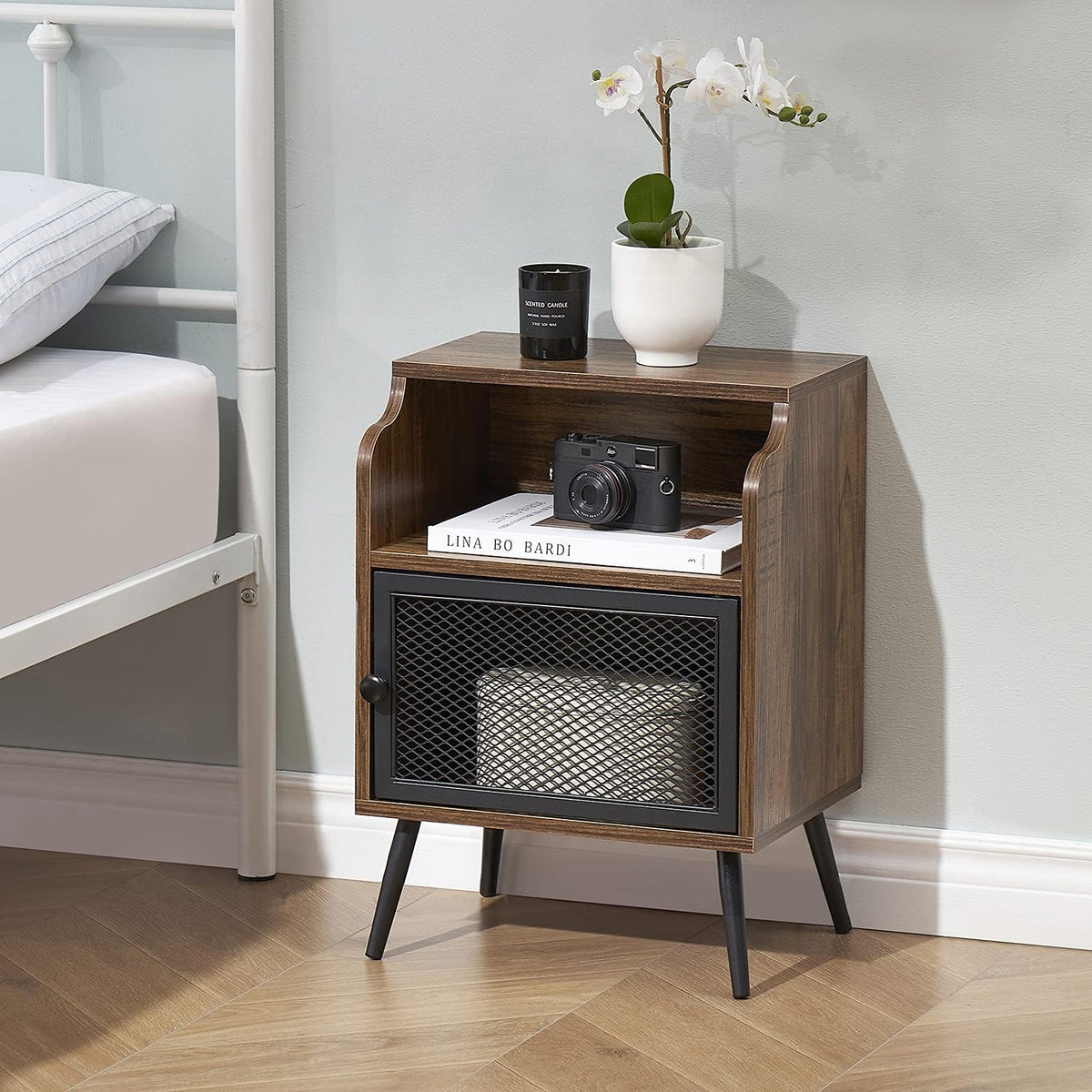 Brown Metal Nightstand with Storage Cabinet and Drawer Shelf P159