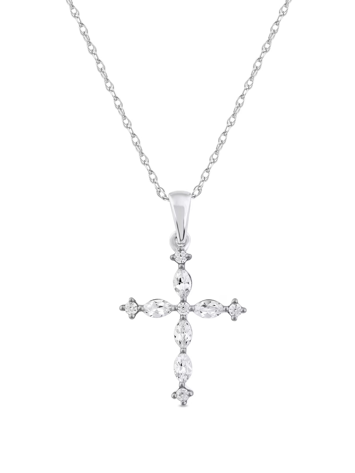 10K White Gold Marquise and Round Diamond Cross Pendant Necklace T4074