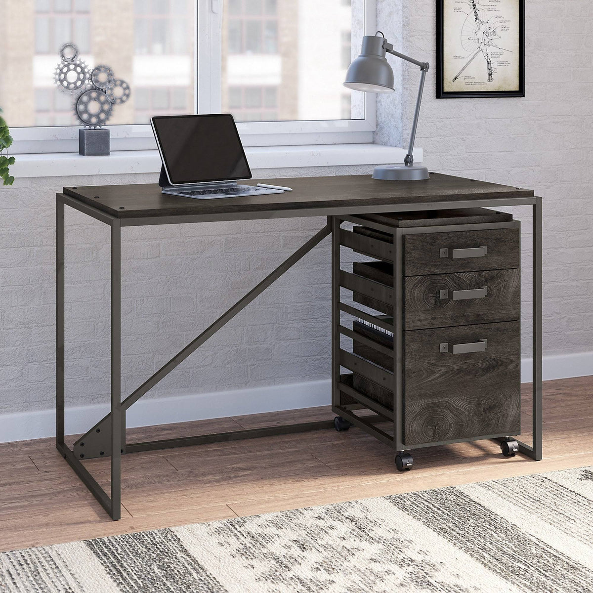 Industrial Desk with 3 Drawer Mobile File Cabinet in Dark Gray Hickory U58478