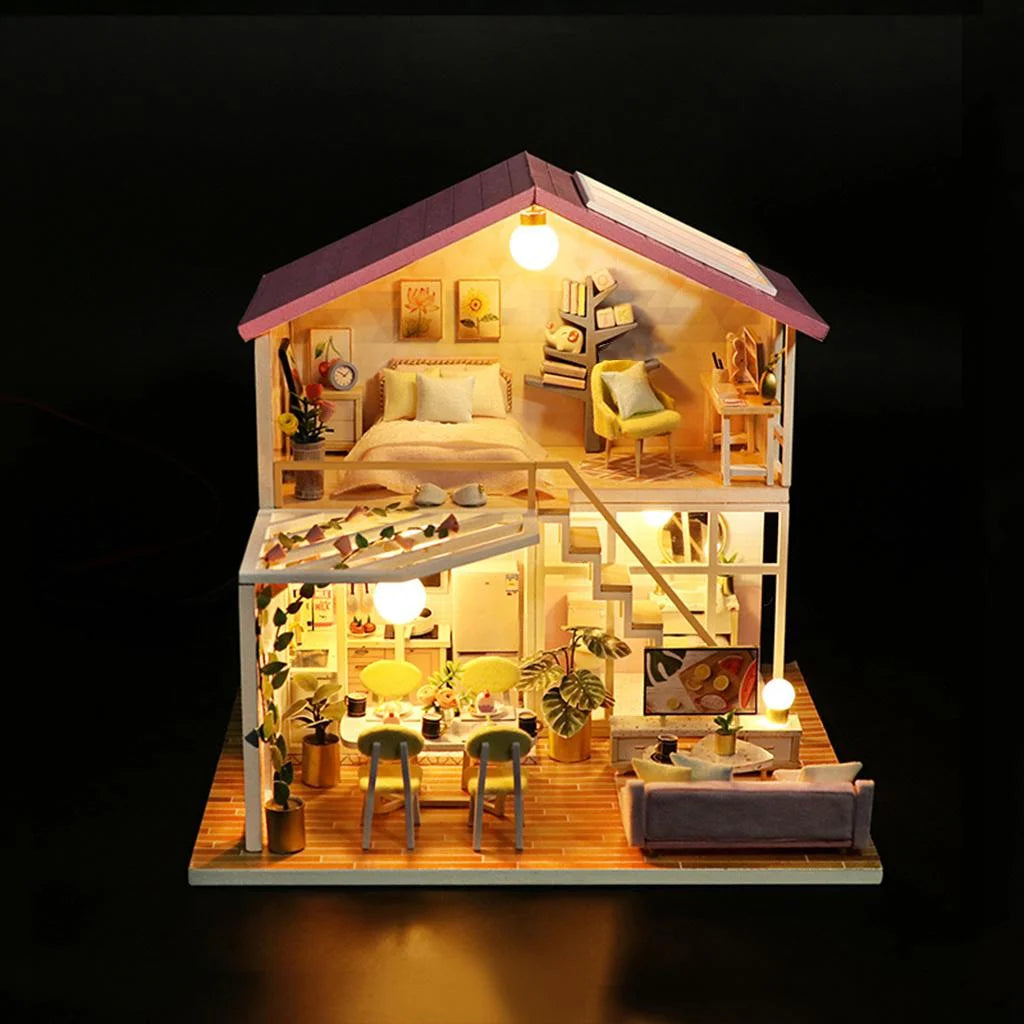Wooden Doll House Building Puzzle with Furniture and LED Light K4953