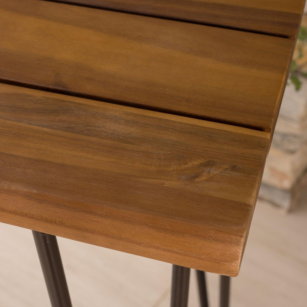 Teak Finish Acacia Wood Bar Table with Iron Frame S332484
