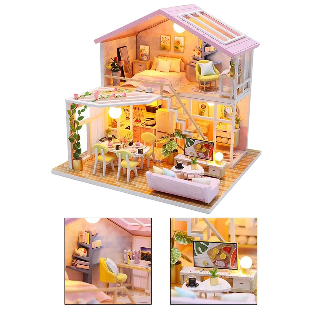Wooden Doll House Building Puzzle with Furniture and LED Light K4953