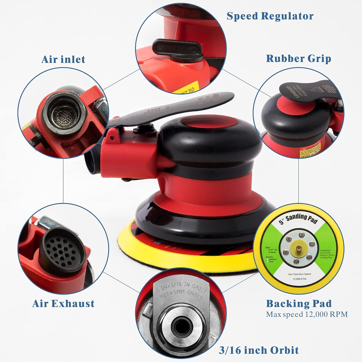 5 inch Air Random Orbital Sander, Dual Action Pneumatic Palm Sander, Pack of 2 K1009