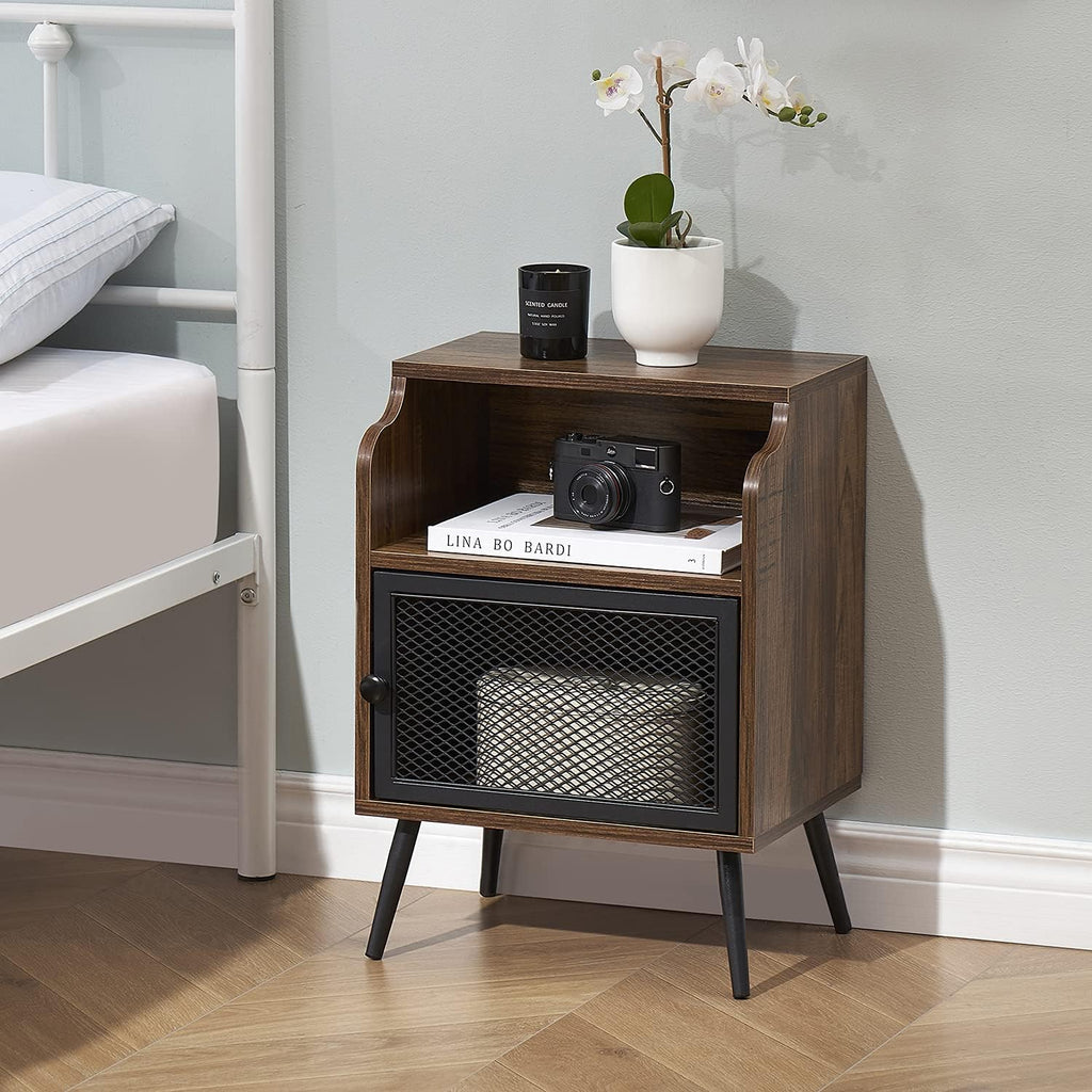 Brown Metal Nightstand with Storage Cabinet and Drawer Shelf P159