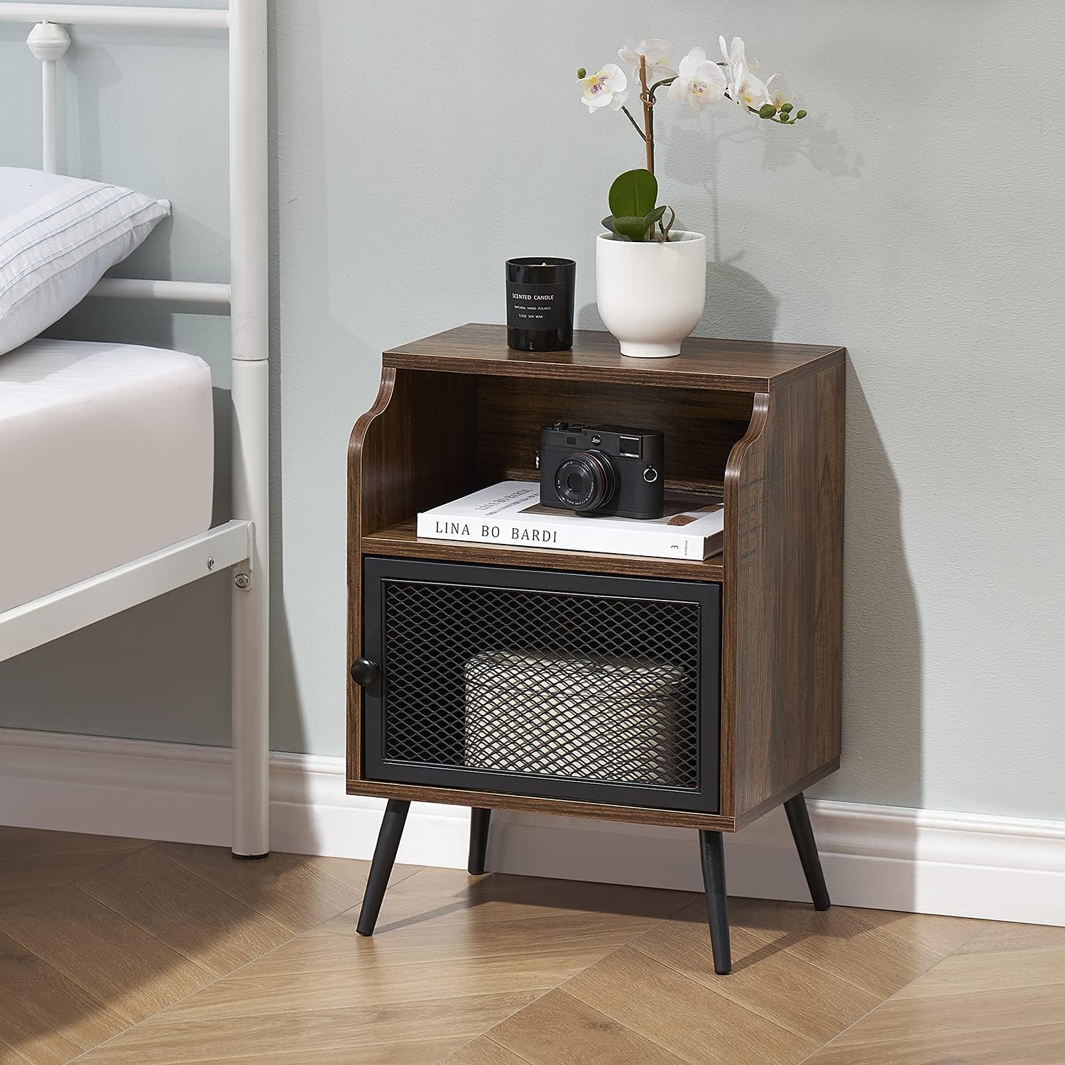 Brown Metal Nightstand with Storage Cabinet and Drawer Shelf P159