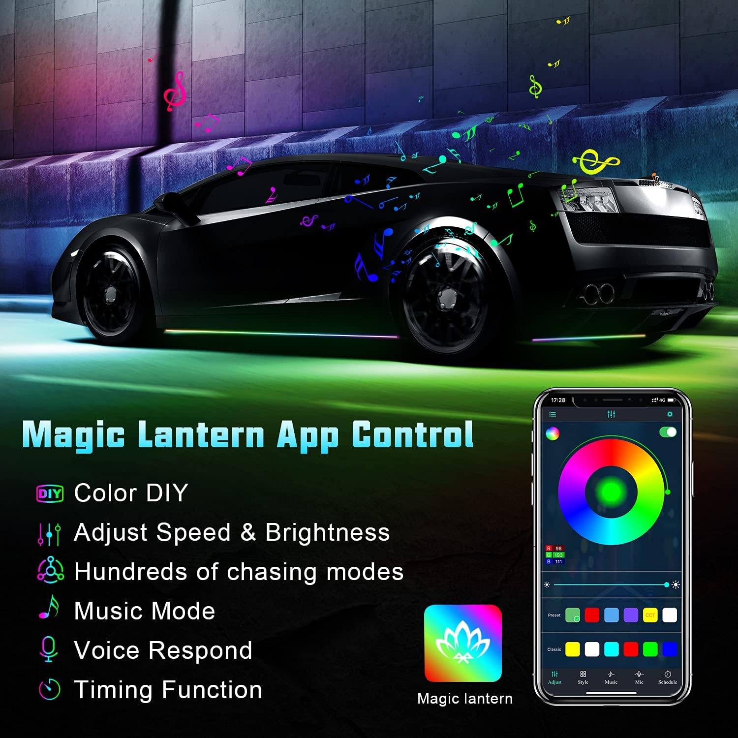 Vehicle Underglow LED Strip Lights with Bluetooth APP Control 12V Underbody Light Kit Pack of 2 T514